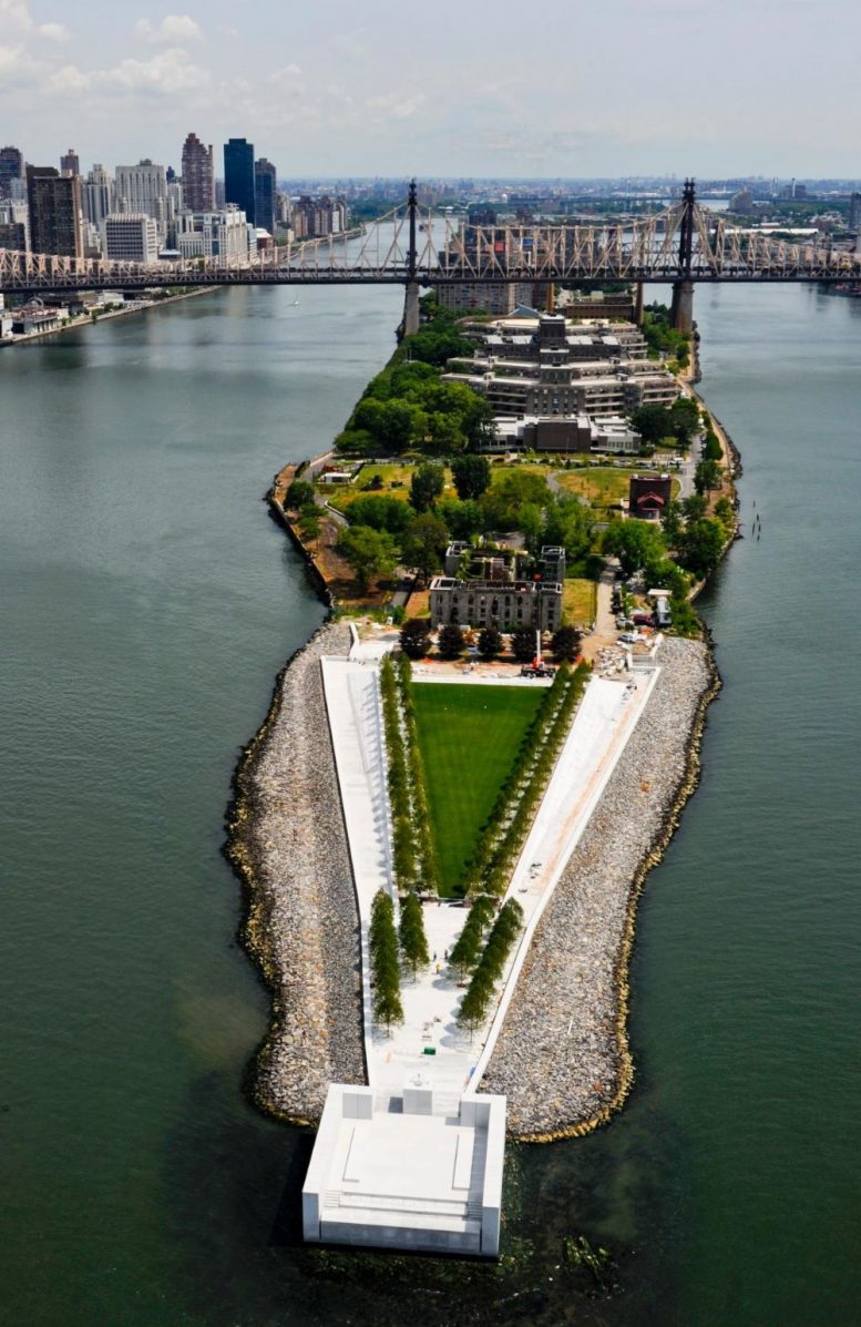 Aerial view of Roosevelt Island. Southpoint Park (back) sits behind the historic smallpox hospital ruins and the FDR memorial (front) - Photo by Steve Amiaga