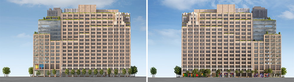 Exterior rendering of 555 Greenwich; view from Charlton Street (left) and King Street (right) - Courtesy of COOKFOX Architects