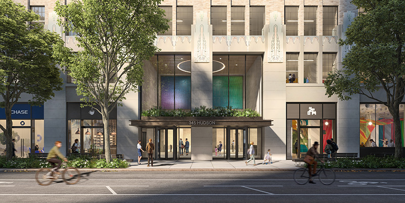 Rendering of exterior entrance and streetscape at 555 Greenwich - Courtesy of COOKFOX Architects