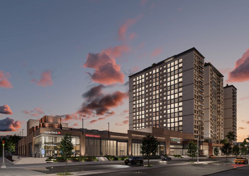 Rendering of commercial space and residential towers at 532 Neptune Avenue as part of the Neptune / Sixth development - Courtesy of Zproekt Architecture