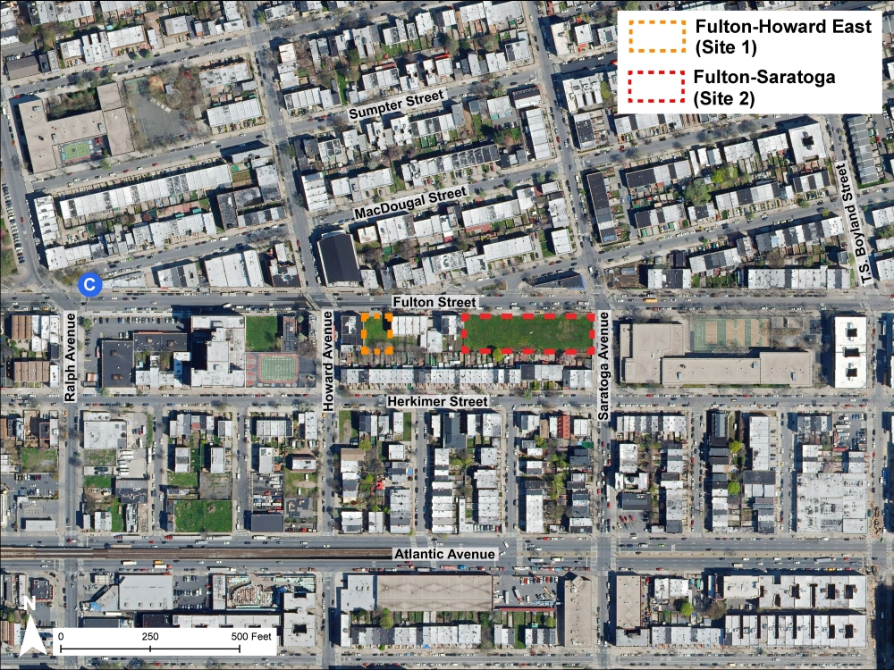 Aerial view of The Norma (Site 1) and Site 2 of the Bedford-Stuyvesant Housing Plan - New York City Department of Housing Preservation and Development (HPD)