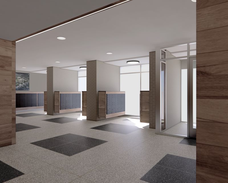 Rendering of the New Penn-Wortman Houses Lobby Mailroom - Courtesy of Curtis + Ginsberg Architects