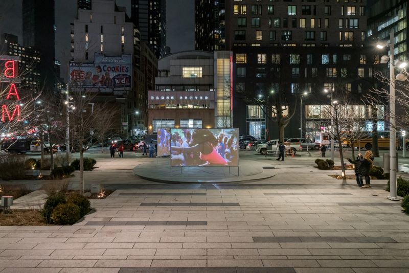 Outdoor screen projections at the 300 Ashland Place plaza - Cameron Blaylock for Downtown Brooklyn Partnership
