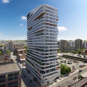 Aerial rendering of The Miroza Tower at 44 Hudson Street - Murat Mutlu; INOA Architecture