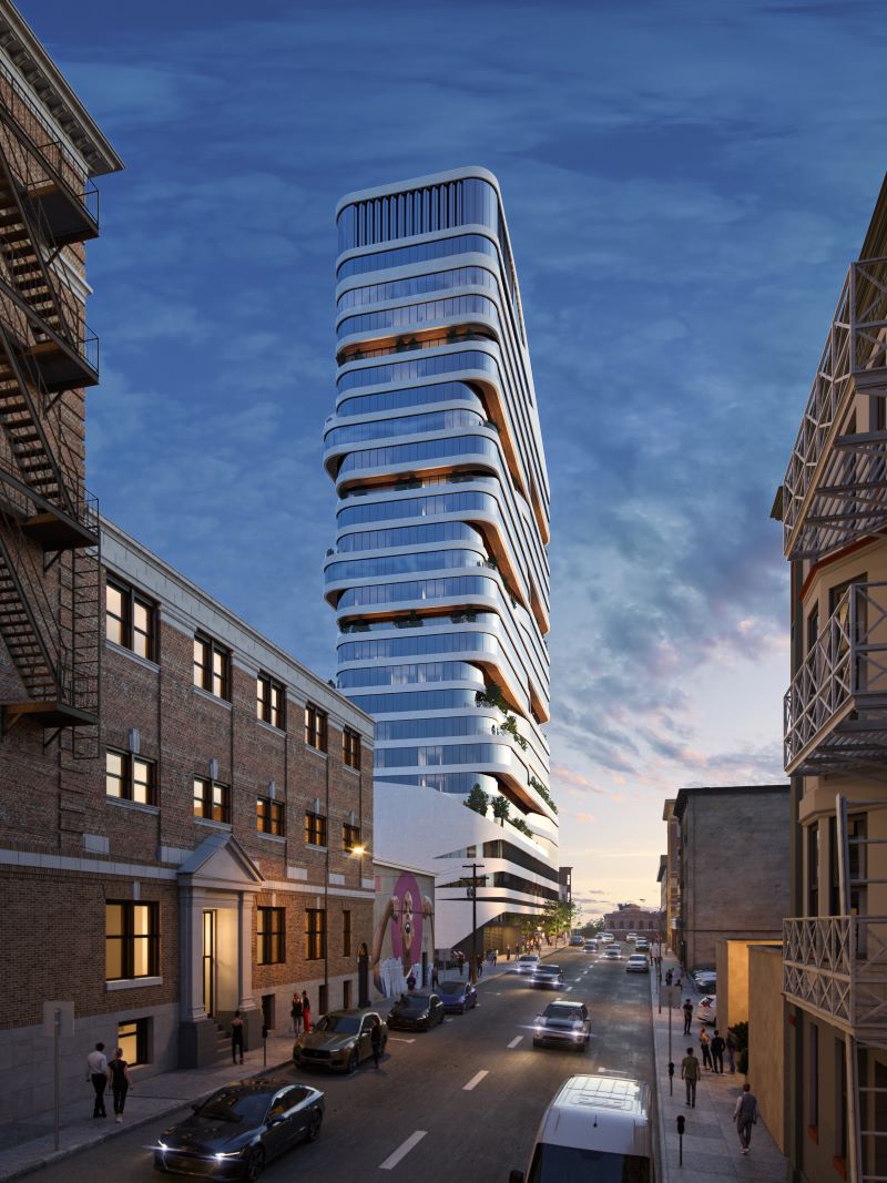 Evening rendering of The Miroza Tower at 44 Hudson Street - Murat Mutlu; INOA Architecture
