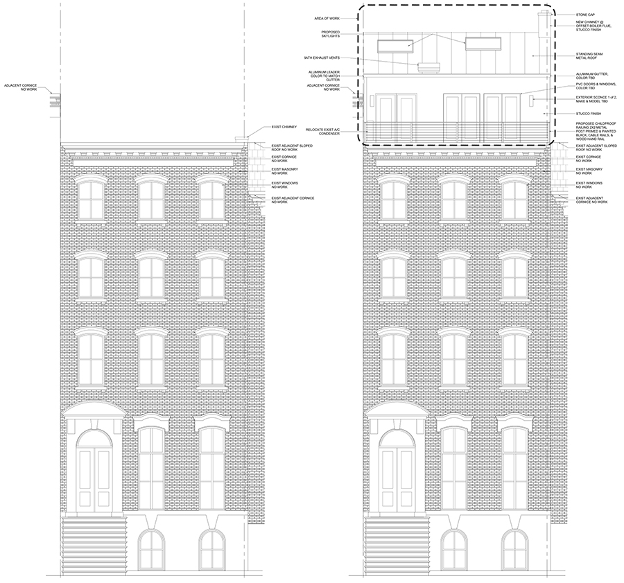 [From left to right] Existing front elevation, proposed elevation with roof level addition at 428 West 20th Street - Urban Pioneering Architecture