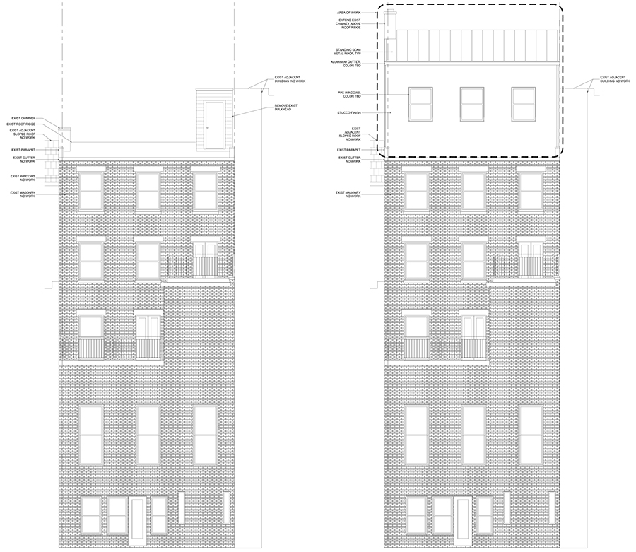 [From left to right] Existing rear elevation, proposed elevation with roof level addition at 428 West 20th Street - Urban Pioneering Architecture