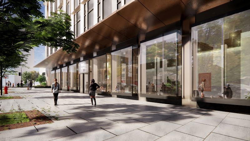 Rendering of 25 North Lex lobby and sidewalk - Courtesy of Greystar Real Estate Partners