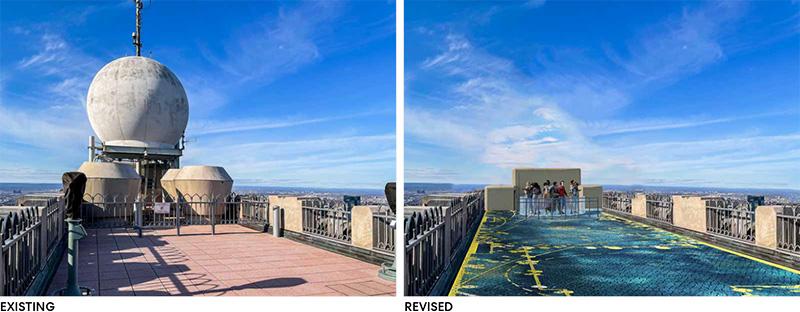 [From left to right] Existing Doppler radar beacon and daytime view of proposed lift and mosaic tiles at Top of the Rock (30 Rockefeller Plaza) - Tishman Speyer