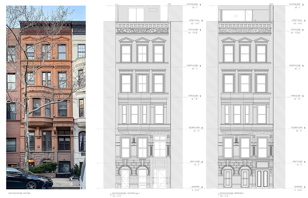 Existing conditions (left and center) and proposed alterations to the facade (right) at 51 West 70th Street - Courtesy of Landmark West