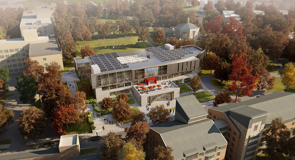 Aerial daytime view of the new Health Sciences Center at St. John's University