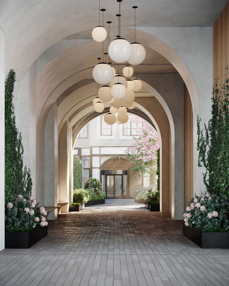 Rendering of the dramatic entryway or "tunnel" leading from Pacific Street to 533 Pacific Street's residential lobby - Courtesy of Binyan Studios