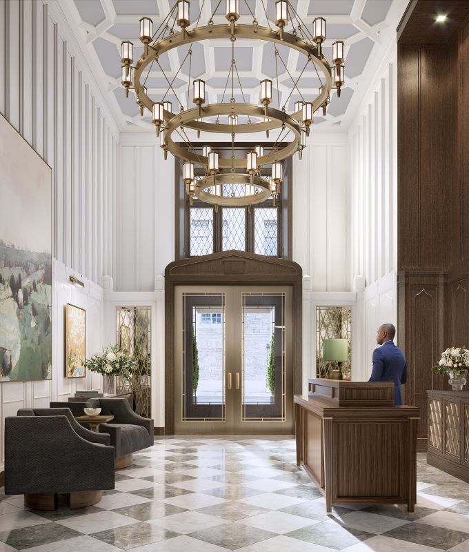 Rendering of Claremont Hall's residential lobby