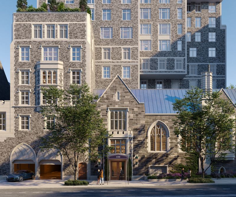 Street-level rendering of Claremont Hall's residential entrance