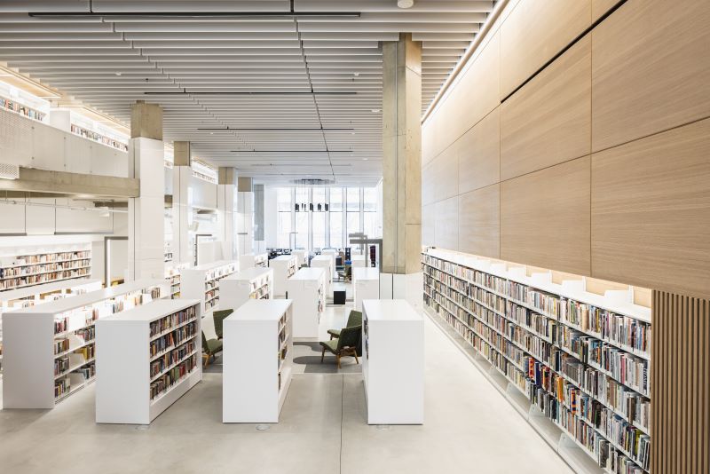 View of main library stacks inside the new Brooklyn Heights Public Library - Photo by Gregg Richards, Courtesy of Brooklyn Public Library