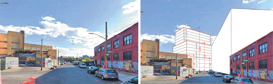 [From left to right] Existing conditions and illustration of building massing at 1160 Flushing Avenue - S9 Architecture