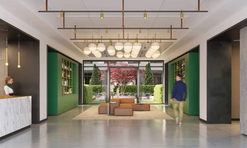 Rendering of Astoria West lobby - Rendering by Binyan Studios