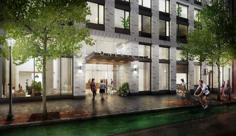 Rendering of residential entrance and lobby at One Grove