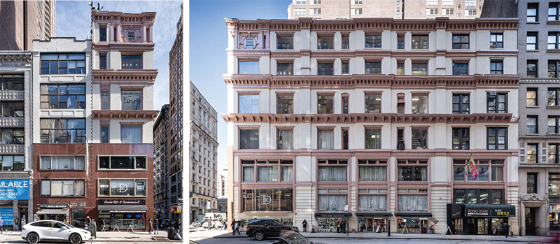 (From left to right) Existing building facades along Fifth Avenue and 28th Street at 251-253 Fifth Avenue