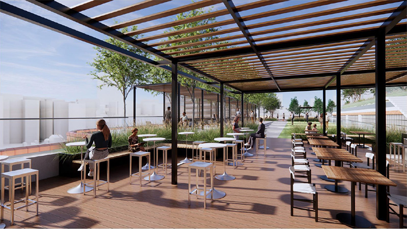 Renderings illustrate pergola-shaded lounge areas at 601 West 26th Street