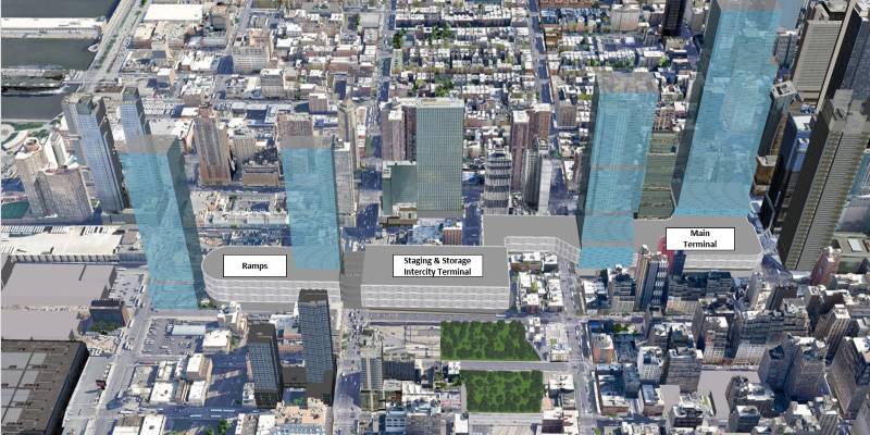Site plan and elevation diagram for the new Midtown Bus Terminal and proposed mixed-use towers - Courtesy of Foster + Partners