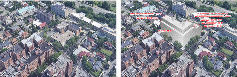 Aerial view and rendering of the new buildings at 71-11 112th Street - Reform Temple of Forest Hills