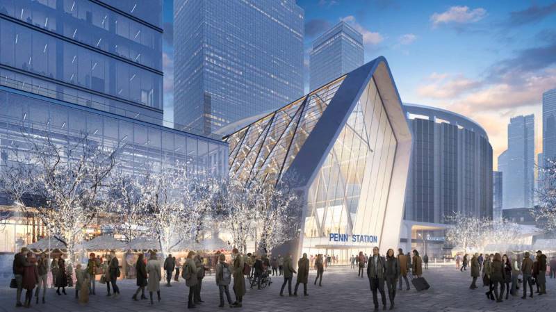 Evening rendering of the main entrance and outdoor plaza at Penn Station