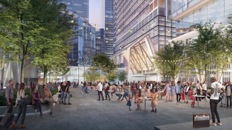 Evening rendering of the new outdoor plaza at Penn Station