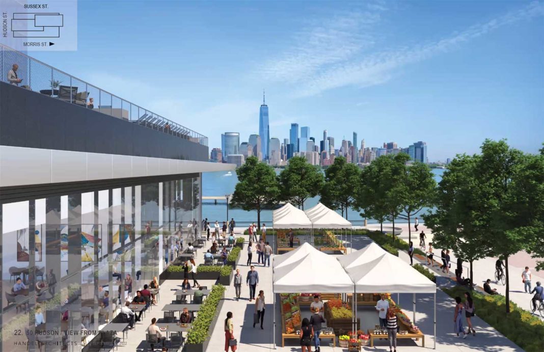 Rendering of an outdoor plaza along Morris Street at 50; 55 Hudson Street - Handel Architects