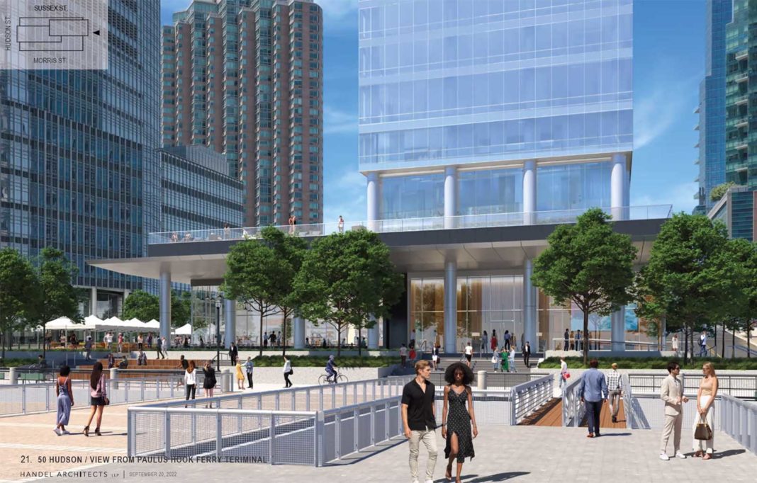 Rendering of outdoor plaza at 50; 55 Hudson Street - Handel Architects