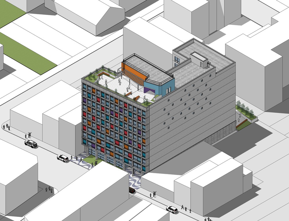 Aerial drawing illustrates site and roof plan at 3401 Third Avenue - Alexander Gorlin Architects