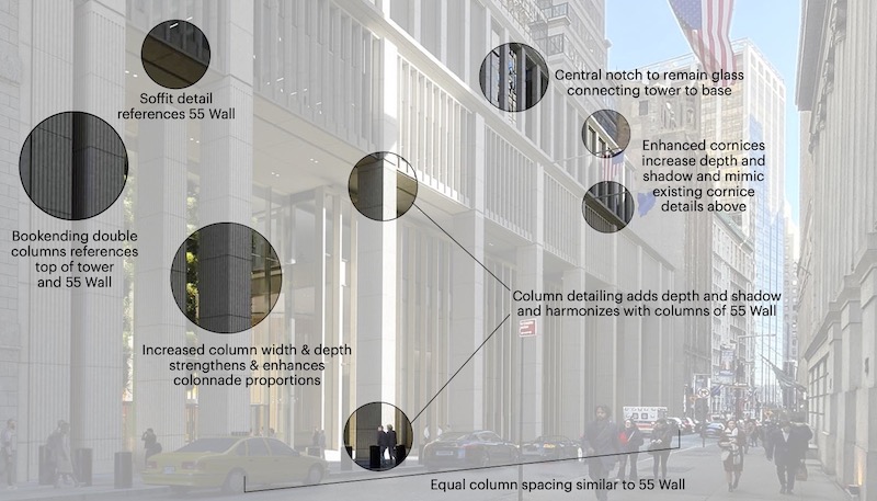 Diagram of proposed changes to 60 Wall Street's front elevation; Submitted to the LPC September 2022