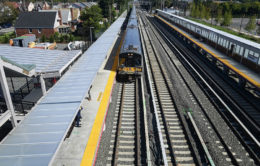 Looking down at an incoming train at the new Elmont Long Island Railroad Station (LIRR)