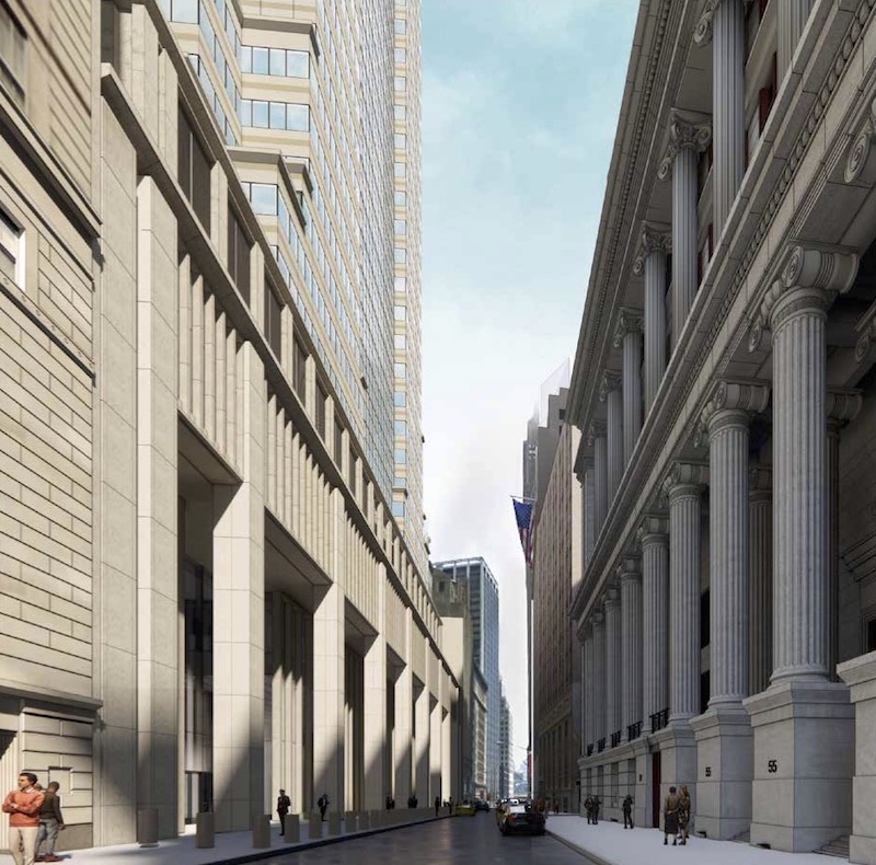 Renderings of proposed changes to 60 Wall Street's front elevation; Submitted to the LPC September 2022