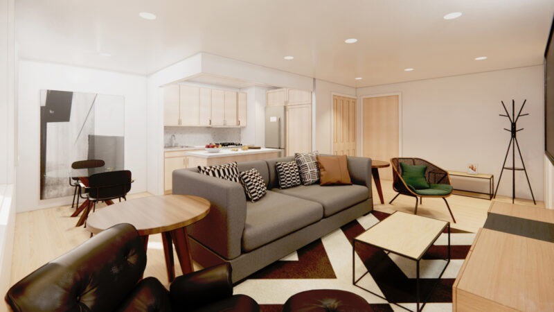 Rendering of modernized apartment at Sack Wern Houses - SLM Architecture