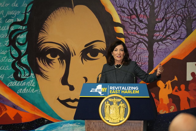 New York State Governor Kathy Hochul announcing East Harlem as a recipient of the Downtown Revitalization Investment grant