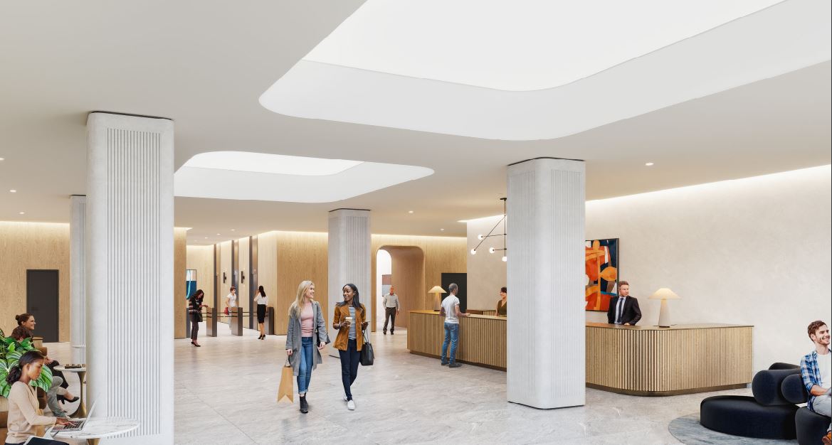 Rendering of the newly renovated lobby at 60 Broad Street