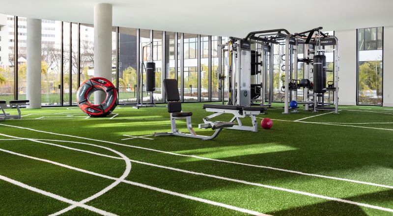 Turf practice and workout spaces within the Stamford Urby gym