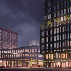 Evening view of the new Restoration Plaza and Innovation Campus - Courtesy of Adjaye Associates; Bedford Stuyvesant Restoration Corporation