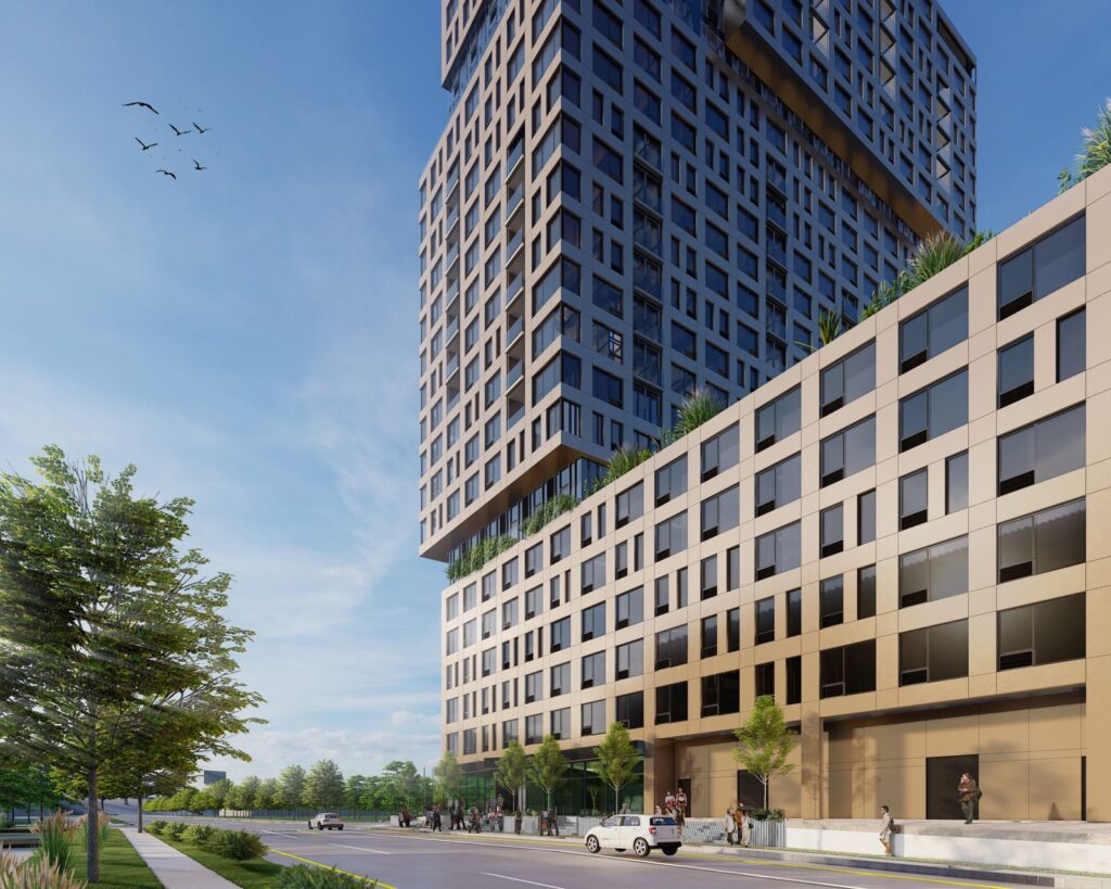 Street-level rendering of NY Vue in Bayonne, New Jersey