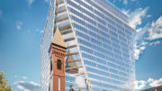 Rendering of the new mixed-use development at 619 Grove Street and the historic St. Lucy's Church below
