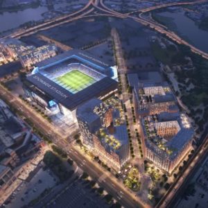 Aerial rendering of the New York City Football Club soccer stadium in Willets Point, Queens