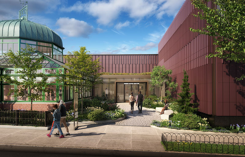 Rendering of the Green-Wood Cemetery Education and Welcome Center entrance at 749 Fifth Avenue in Brooklyn