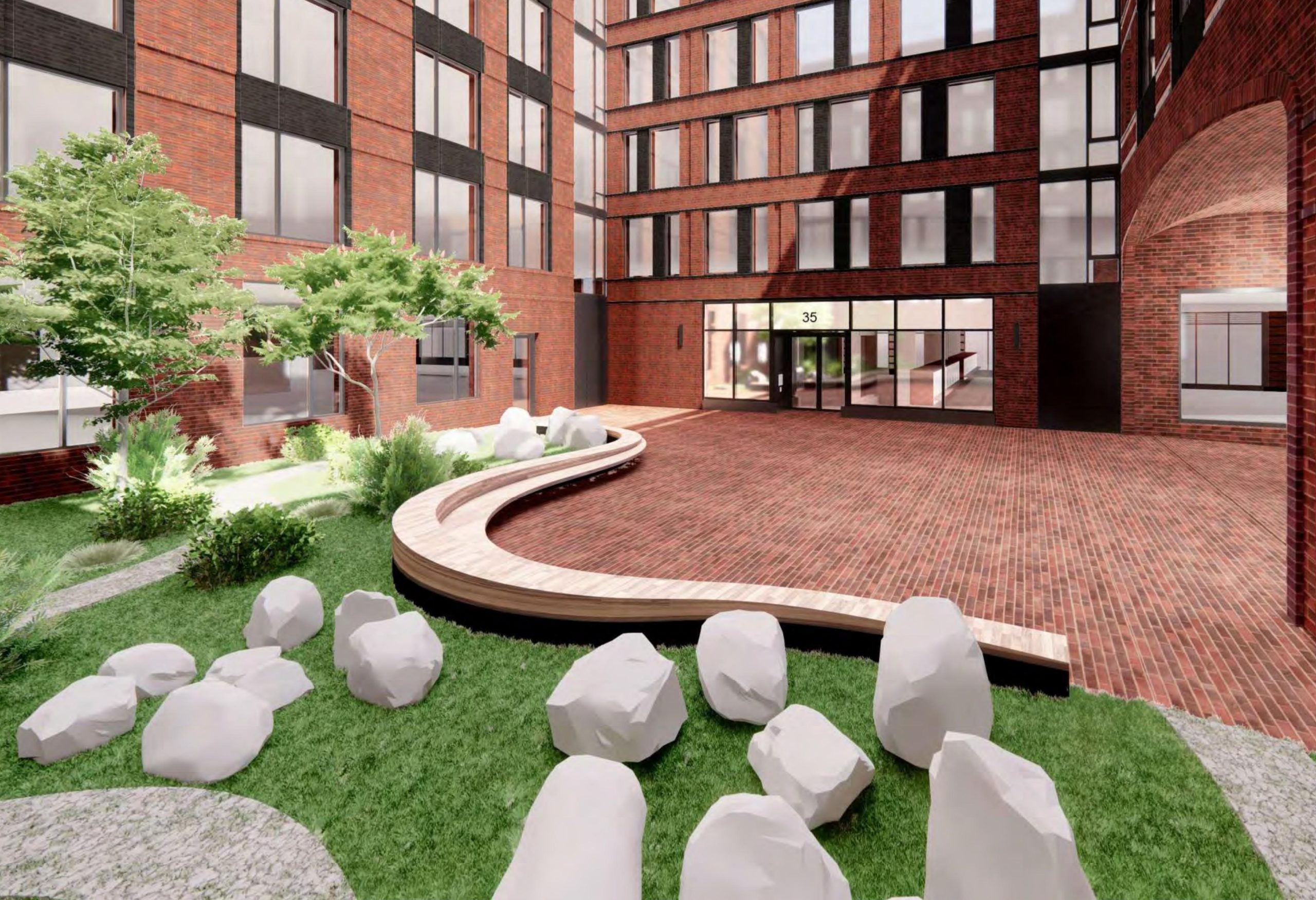Rendering of the courtyard at 35 Commercial Street in Greenpoint, Brooklyn - Courtesy of Handel Architects