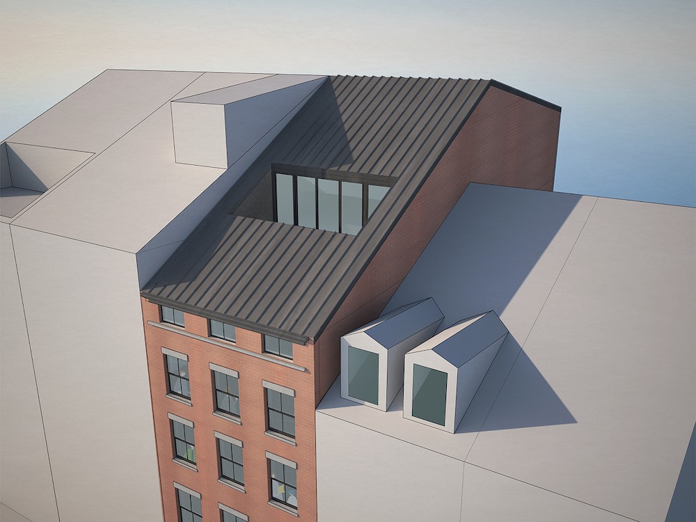 Aerial rendering of the sloped roof addition at 107 South Street - OPerA Studio Architecture