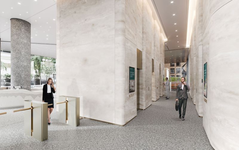Daytime rendering of the 767 Third Avenue lobby turnstiles and elevator bays