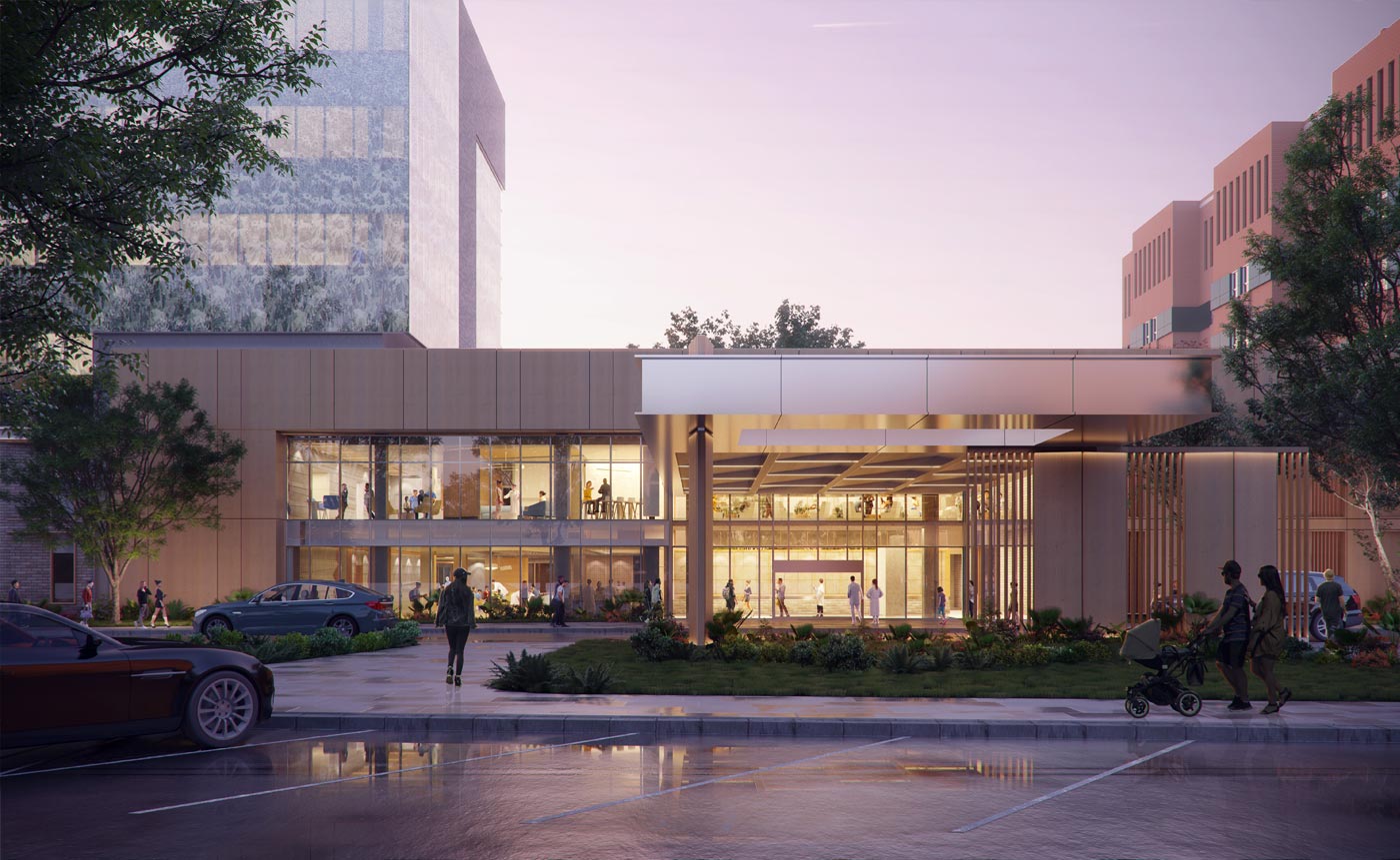 Evening rendering of the breezeway at the new South Shore University Hospital pavilion in Bay Shore, Long Island - Courtesy of EwingCole
