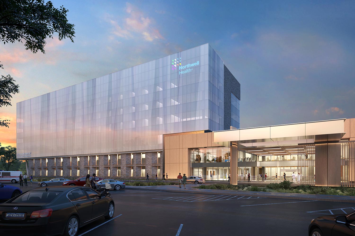 Evening rendering of the new South Shore University Hospital pavilion in Bay Shore, Long Island - Courtesy of EwingCole