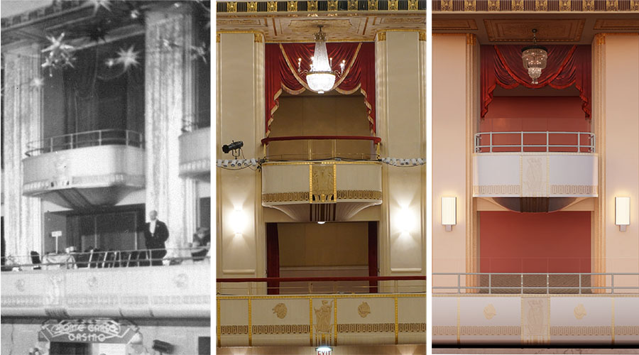 [From left to right] View of original conditions, existing conditions, and approved alterations for the Waldorf Astoria grand ballroom - SOM