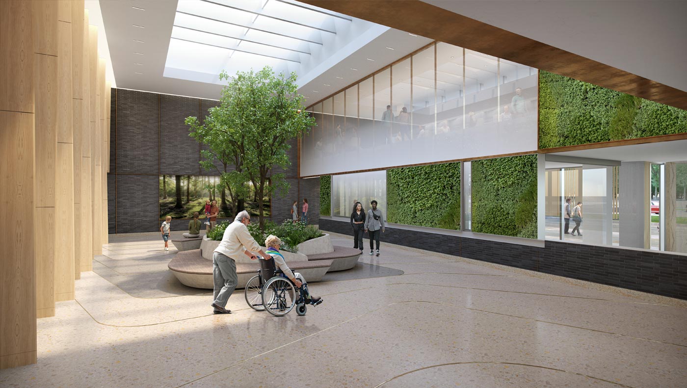 Interior rendering of the new South Shore University Hospital pavilion in Bay Shore, Long Island - Courtesy of EwingCole